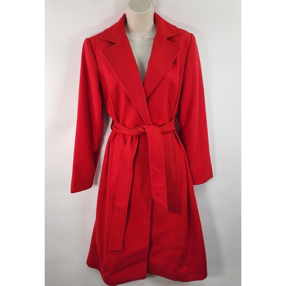 Pendleton Trench Coat Womens Small Red 100% Wool Long Belted Coat Audrey Hepburn